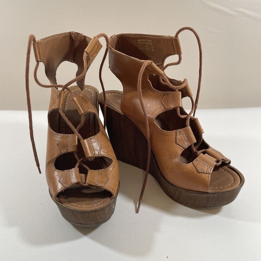 Aldo Gladiator Wedge Platform Peep Toe Sandals Women's 6.5 Brown Leather Lace Up